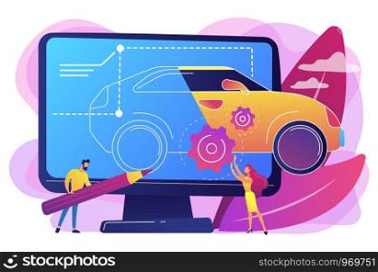 Industrial designers at computer drawing blueprint of modern car. Industrial design, product usability design, ergonomics development concept. Bright vibrant violet vector isolated illustration. Industrial design concept vector illustration.