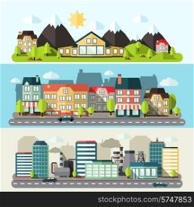 Industrial downtown and urban city horizontal banner flat set isolated vector illustration