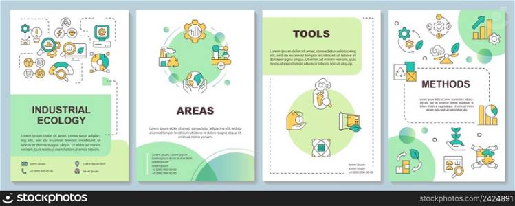 Industrial ecology approach green brochure template. Responsive work. Leaflet design with linear icons. 4 vector layouts for presentation, annual reports. Arial-Bold, Myriad Pro-Regular fonts used. Industrial ecology approach green brochure template