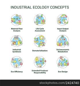 Industrial ecology concept icons set. Symbiosis of technology and environment idea thin line color illustrations. Isolated symbols. Editable stroke. Roboto-Medium, Myriad Pro-Bold fonts used. Industrial ecology concept icons set