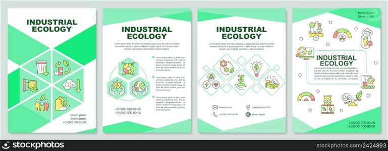 Industrial ecology green brochure template. Clean production. Leaflet design with linear icons. 4 vector layouts for presentation, annual reports. Arial-Black, Myriad Pro-Regular fonts used. Industrial ecology green brochure template