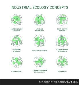 Industrial ecology green concept icons set. Symbiosis of technology and environment idea thin line color illustrations. Isolated symbols. Editable stroke. Roboto-Medium, Myriad Pro-Bold fonts used. Industrial ecology green concept icons set
