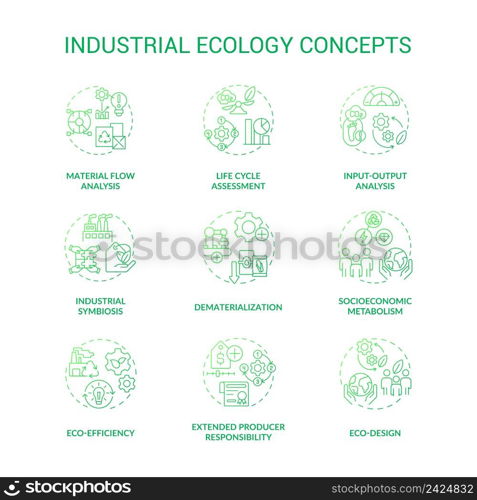 Industrial ecology green gradient concept icons set. Technology and environment idea thin line color illustrations. Isolated symbols. Editable stroke. Roboto-Medium, Myriad Pro-Bold fonts used. Industrial ecology green gradient concept icons set