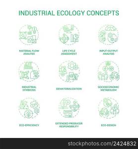 Industrial ecology green gradient concept icons set. Technology and environment idea thin line color illustrations. Isolated symbols. Editable stroke. Roboto-Medium, Myriad Pro-Bold fonts used. Industrial ecology green gradient concept icons set