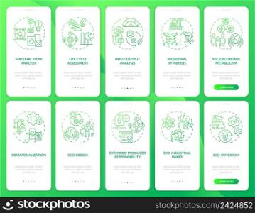Industrial ecology green gradient onboarding mobile app screen set. Walkthrough 5 steps graphic instructions pages with linear concepts. UI, UX, GUI template. Myriad Pro-Bold, Regular fonts used. Industrial ecology green gradient onboarding mobile app screen set