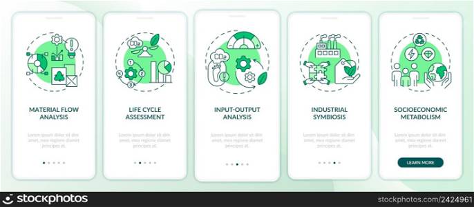 Industrial ecology methods green onboarding mobile app screen. Symbiosis walkthrough 5 steps graphic instructions pages with linear concepts. UI, UX, GUI template. Myriad Pro-Bold, Regular fonts used. Industrial ecology methods green onboarding mobile app screen
