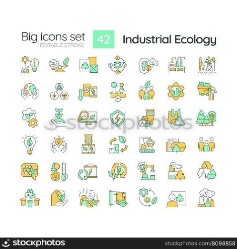 Industrial ecology RGB color icons set. Sustainable development. Environment protection. Circular economy. Isolated vector illustrations. Simple filled line drawings collection. Editable stroke. Industrial ecology RGB color icons set