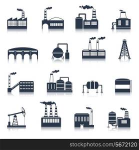 Industrial electricity plants building icons black set with smoking pipes isolated vector illustration