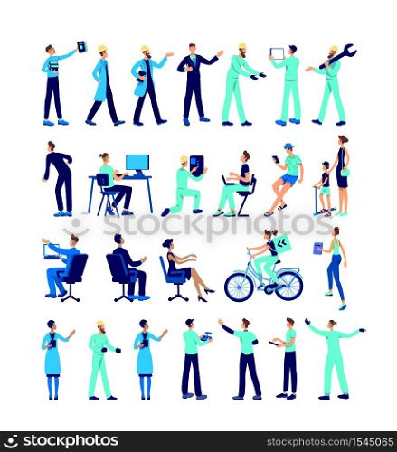 Industrial employees flat color vector faceless character set. Mechanic for repair. Mother with child. Factory workers isolated cartoon illustration for web graphic design and animation collection. Industrial employees flat color vector faceless character set
