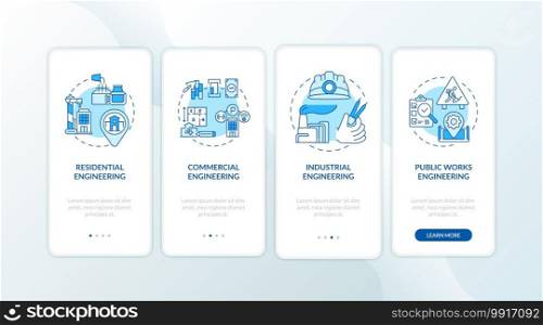 Industrial engineering blue onboarding mobile app page screen with concepts. Construction and building service walkthrough 5 steps graphic instructions. UI vector template with RGB color illustrations. Industrial engineering blue onboarding mobile app page screen with concepts