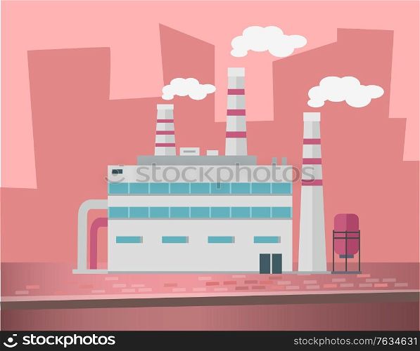 Industrial enterprises vector, cityscapes and cities with factories. Smoke and fumes from pipes, industry development, manufacture old town structure. Urbanscape road Building of factory. Flat cartoon. Factories and Enterprises, Industry Manufacturing