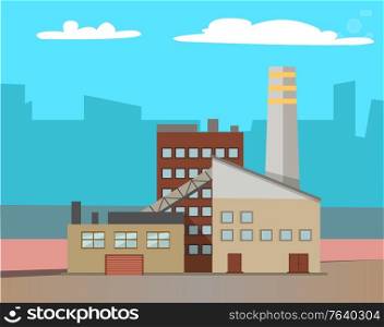 Industrial enterprises vector, cityscapes and cities with factories. Smoke and fumes from pipes, industry development, manufacture old town structure. Urbanscape road Building of factory. Flat cartoon. Factories and Enterprises, Industry Manufacturing