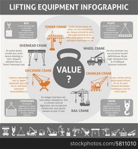 Industrial equipment infographic. Industrial heavy lifting equipment infographic informative block chart for different types cranes and loads abstract vector illustration