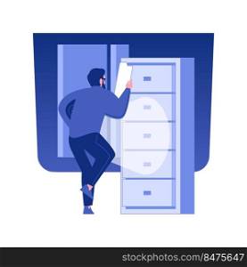 Industrial espionage isolated concept vector illustration. Person stealing confidential data, trade secret, business documents, company documentation, corporate paperwork vector concept.. Industrial espionage isolated concept vector illustration.