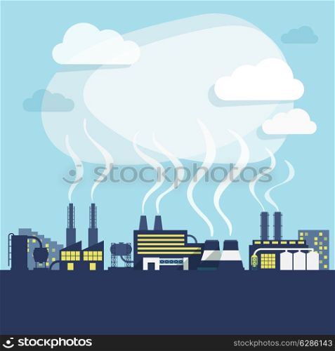 Industrial facilities of factory or manufacturing plant with pollution smoke background print vector illustration