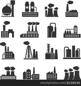 Industrial factory and plant buildings vector icons set. Industrial factory and plant buildings vector icons set. Silhouette of power manufactory illustration