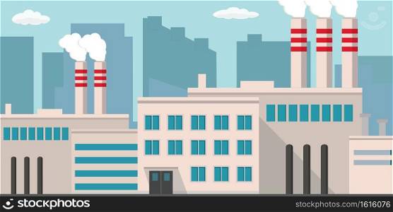 Industrial factory building,pipe with smoke,flat design style, vector illustration