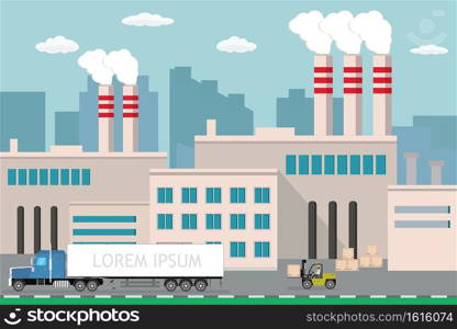 Industrial factory,city view on background,Delivery long truck and forklift with wooden box,Pipe with smoke.Flat vector illustration