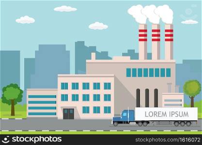 Industrial factory,city view on background,Delivery long truck on road,Pipe with smoke.Flat vector illustration