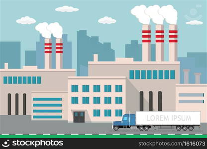 Industrial factory,city view on background,Delivery long truck on road,Pipe with smoke.Flat vector illustration