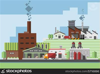 Industrial factory concept with plants warehouse buildings and delivery truck vector illustration