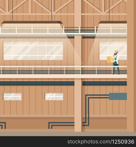 Industrial Factory Empty Warehouse Indoor Design. Storage Interior. Depot Worker in Overall Uniform and Hard Hat Standing with Package in his Hand. Flat Cartoon Vector Illustration. Industrial Factory Empty Warehouse Indoor Design