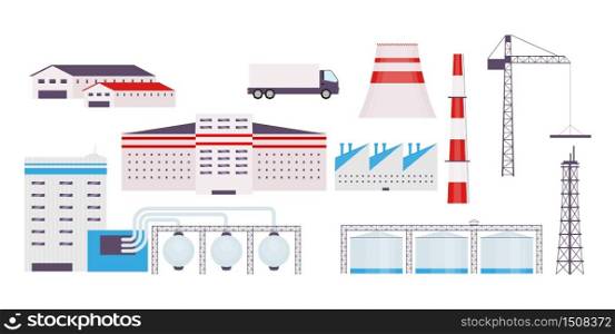 Industrial factory flat color vector objects set. Power plant buildings, transport, construction crane, pipeline and chimneys 2D isolated cartoon illustrations on white background. Energy production