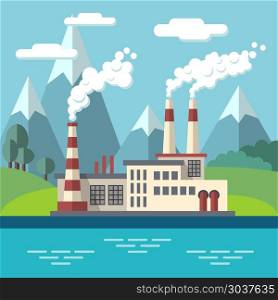 Industrial factory flat ecology vector concept background. Environmental protection. Industrial factory flat ecology vector concept background. Environmental protection. Ecology environment and factory power, pollution factore to nature illustration