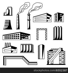 Industrial factory objects set.. Industrial factory objects set. Manufacture building illustration in flat style.