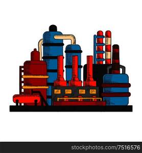 Industrial factory with manufacture building and system of pipes, chimneys or cooling towers. Oil and gas industry, chemical or power plants, environment theme design. Industrial factory or plant with pipes