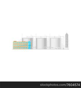 Industrial factory with tanks and building isolated. Vector fuel, silos storage container. Factory tanks to store silos, gas or fuel isolated