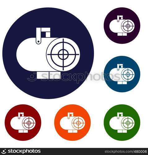 Industrial fan heater icons set in flat circle red, blue and green color for web. Industrial fan heater icons set
