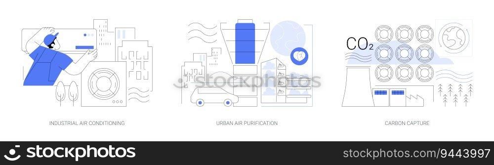 Industrial filtration systems abstract concept vector illustration set. Industrial air conditioning, urban air purification from gas emissions and smoke, carbon capture equipment abstract metaphor.. Industrial filtration systems abstract concept vector illustrations.