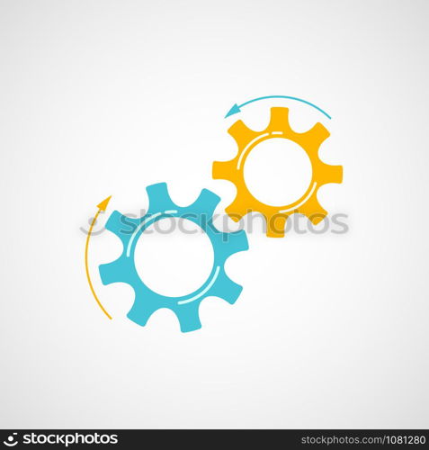 Industrial gears business vector illustration. Teamwork concept design element with orange and blue cog and gear signify human cooperation. Cogwheel graphic for modern background or sign template. Yellow and blue teamwork concept with cog and gear