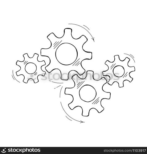 Industrial gears business vector sketch illustration. Development concept design element, hand drawn cog and gear signify innovation teamwork. Cogwheel graphic for pictogram template or web element. Hand drawn industrial cog and gear sketch graphic