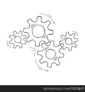 Industrial gears business vector sketch illustration. Development concept design element, hand drawn cog and gear signify innovation teamwork. Cogwheel graphic for pictogram template or web element. Hand drawn industrial cog and gear sketch graphic