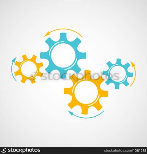 Industrial gears vector illustration. Development concept mechanism construction with blue and orange cog and gear signify people communication. Cogwheel graphic for pictogram template or web element. Industrial cog and gear graphic in blue and orange