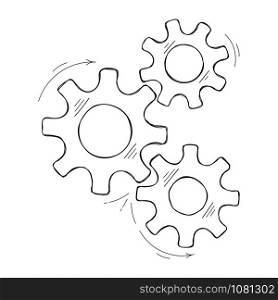 Industrial gears vector sketch illustration. Teamwork concept factory mechanism with hand drawn cog and gear signify communication progress. Cogwheel graphic for web element or modern background. Teamwork concept hand drawn cog and gear sketch