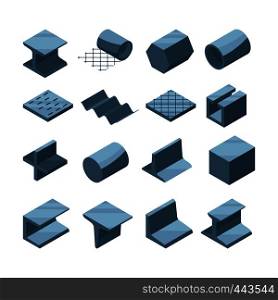 Industrial icons set of metallurgic production. Isometric pictures of steel or iron pipes. Metal pipe and production steel, construction tube and profile. Vector illustration. Industrial icons set of metallurgic production. Isometric pictures of steel or iron pipes
