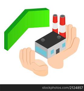 Industrial insurance icon isometric vector. Human hand holds power plant, arrow. Industrial development, production, growth. Industrial insurance icon isometric vector. Human hand holds power plant arrow