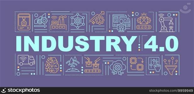 Industrial internet of things word concepts banner. Introduction digital technologies. Infographics with linear icons on violet background. Isolated typography. Vector outline RGB color illustration. Industrial internet of things word concepts banner