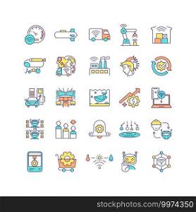 Industrial IoT RGB color icons set. Manufacturing automation. Self-driving car. Factory with no human labor. Revenue potential. M2M technology. Wireless connection. Isolated vector illustrations. Industrial IoT RGB color icons set