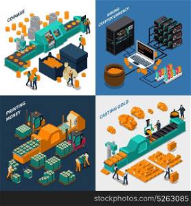 Industrial Isometric Concept. Industrial isometric concept with manufacturing of different types of money mechanical equipment and workers vector illustration