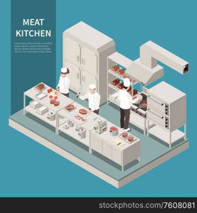 Industrial kitchen equipment isometric composition with professional cooks cutting baking grilling frying meat on range vector illustration
