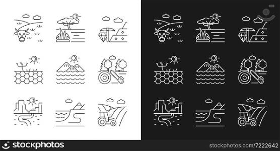 Industrial land linear icons set for dark and light mode. Mineral mining. Timber industry. Working lands. Customizable thin line symbols. Isolated vector outline illustrations. Editable stroke. Industrial land linear icons set for dark and light mode