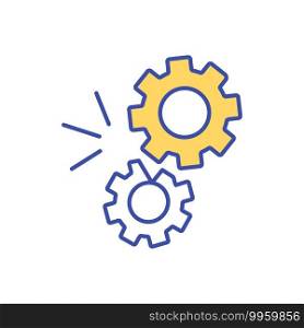 Industrial machinery break RGB color icon. Operating cog wheels. Lack of integration. Technical solution. Power transmission problem. Maintenance and repair. Isolated vector illustration. Industrial machinery break RGB color icon