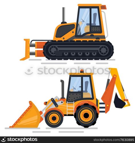 Industrial machinery, isolated bulldozer with empty cabin. Working area construction, tractor machine for easy building and repairing. Vector illustration in flat cartoon style. Construction Machinery, Bulldozer Automobile Set