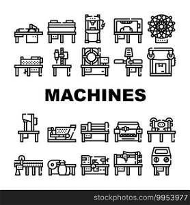 Industrial Machines Collection Icons Set Vector. Hot Pressing And Hydraulic Press, Drilling And Slotting Machines, Bandsaw And Serigraphy Black Contour Illustrations. Industrial Machines Collection Icons Set Vector Flat