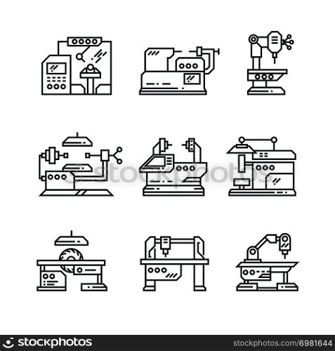 Industrial machines vector line icons. Factory machine tools symbol. Factory machine for industrial, illustration of equipment machinery. Industrial machines vector line icons. Factory machine tools symbols