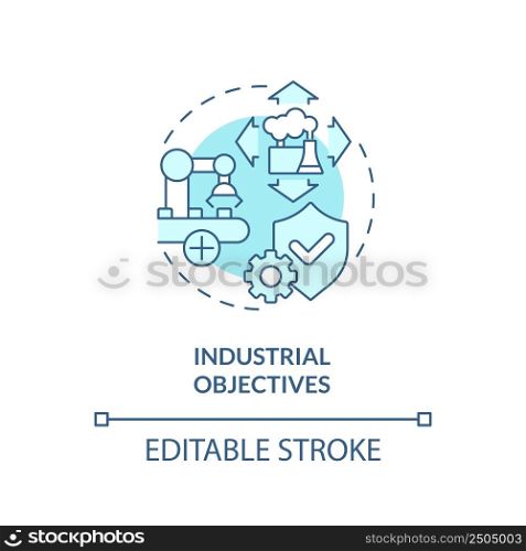 Industrial objectives turquoise concept icon. International cooperation benefits abstract idea thin line illustration. Isolated outline drawing. Editable stroke. Arial, Myriad Pro-Bold fonts used. Industrial objectives turquoise concept icon